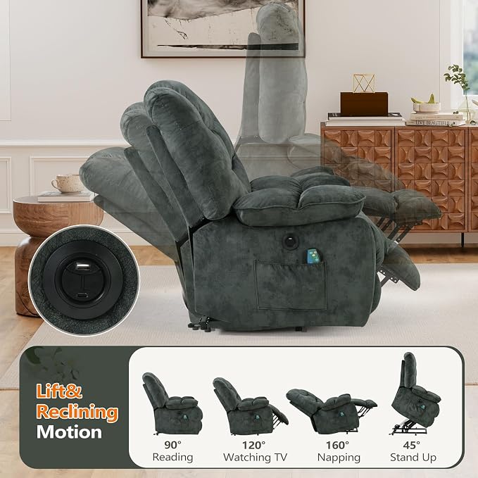 HAOMARKETS Oversized Power Lift Recliner Set of 2 with Massage and Heat for Elderly, Electric Lifting Reclining Chair with Side Pockets and USB Port for Living Room, Dark Green