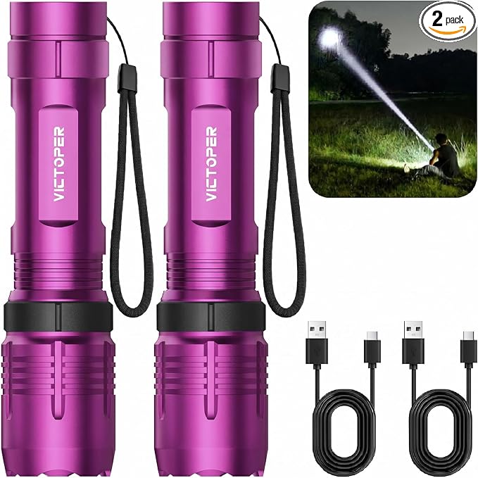 Victoper Pink Rechargeabe Flashlight 2 Pack, High Lumens 5 Modes LED Bright Tactical Flashlights, Waterproof Zoomable Flash Light for Outdoor, Gifts for Camping Essentials Gear