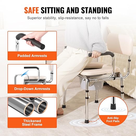 VEVOR Commode Chair, Bedside Commode with Padded Seat, Drop-Down Arms, 7-Level Adjustable Height, 5.8L Removable Bucket, Easy to Assemble, 350LBS Capacity, Portable Toilet for Adults Seniors