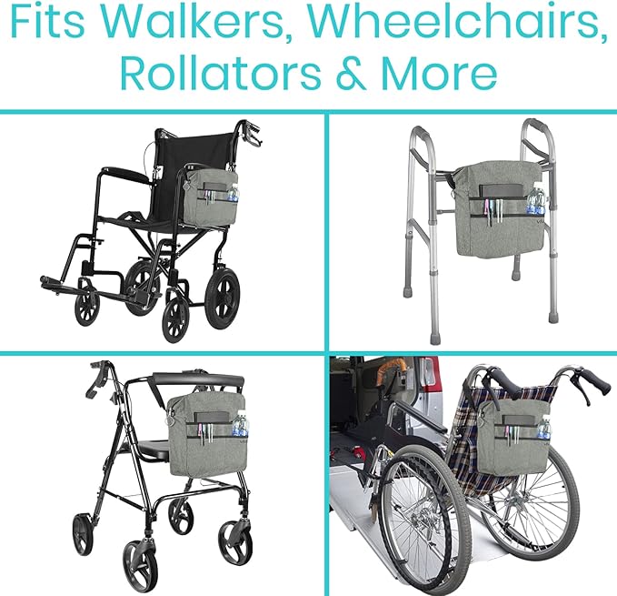 Vive Wheelchair Bag - Machine Washable, Double-Stitched, Water-Resistant Accessory Backpack for Rollators, Wheel Chairs, Walkers - Pouch with XL Pockets & Straps for Quick Installation