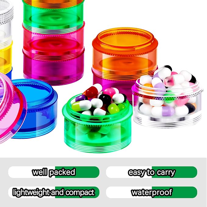 Sieral 4 Pieces 7 Days Stackable Pill Organizers 7 Compartments Round Pill Boxes Tower Weekly Vitamin Individual Storage Containers Travel Cases with Lids for Medications, Vitamins and Supplements