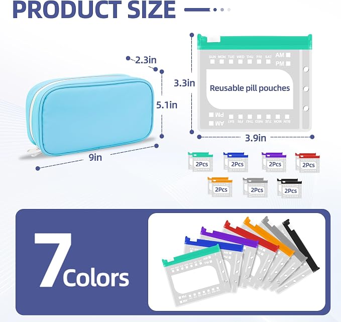 Weekly Pill Organizer 2 Times a Day – Timueetech A6 Waterproof 14 Pouch Bags for Travel, BPA-Free Medication Storage with Labels & Self-Sealing for Vitamins & Supplements, Blue