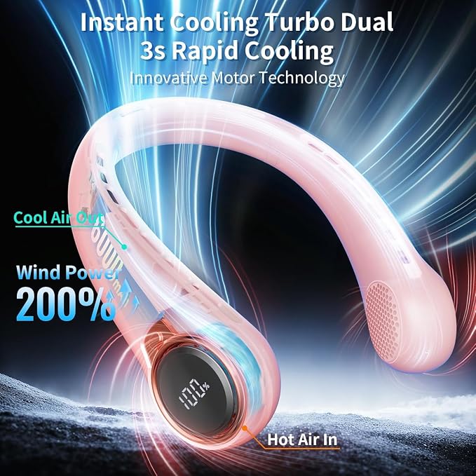 BNBZ Portable Neck Fan, 6000mAh Rechargeable Fan Blows Cold Air with LED Display, 4 Speeds, 20H Runtime, Quiet Wearable 360° Personal Cooling Fan for Outdoor Travel Work Gym,Fireplace Fans-Pink