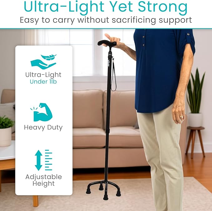 Vive Ultra-Lightweight Quad Cane - Carbon Fiber Walking Stick for Men & Women - Adjustable Ergonomic Grip Handle - Nonslip 4 Prong Rubber Tips for Right, Left Stability Support - Mobility Travel Aid
