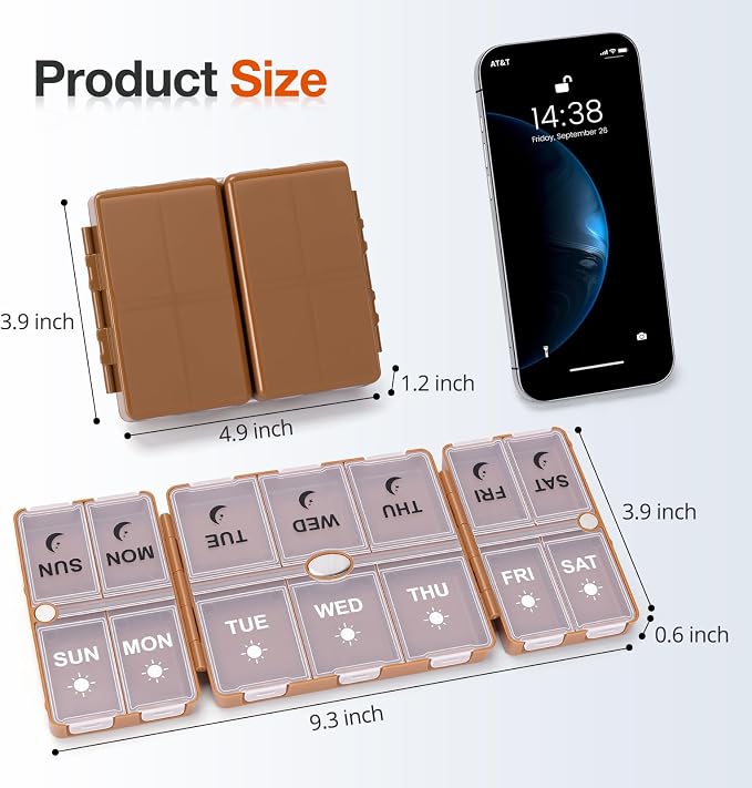 FYY Weekly Pill Organizer 2 Times a Day, Magnetic Travel Pill Box AM PM with Easy Open – 7-Day Daily Pill Case Medicine Organizer for Vitamins,Supplements - Brown