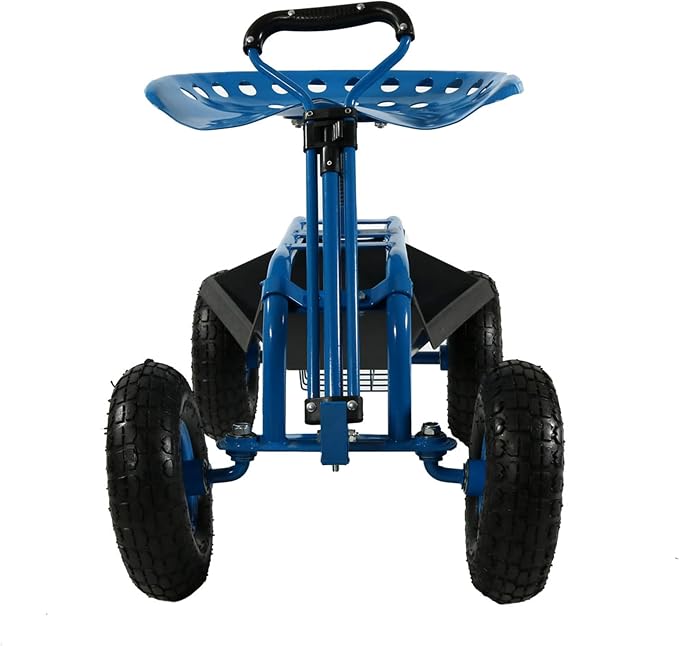 Sunnydaze Garden Seat with Wheels and Adjustable Handle, Blue | Steel Rolling Gardening Seat with Utility Tray for Storage, Rotating, Swiveling Motion