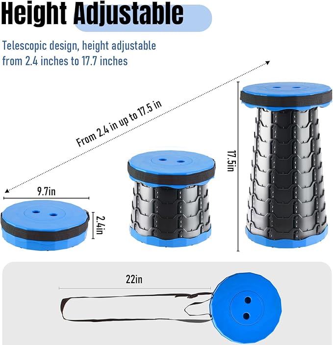 Doseno Collapsible Stool Set of 2, Camping Chairs, Portable Chair, Blue | Folding stool with foldable design and straps; portable stool and retractable stool for outdoor fishing, hiking and travel.
