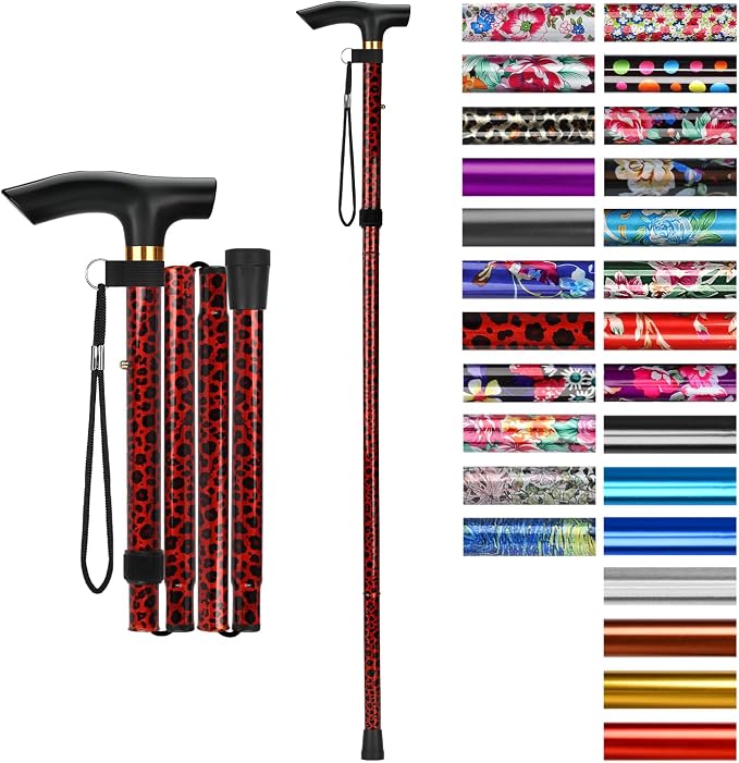 supregear Folding Cane, 5-Level Adjustable Height Walking Stick Lightweight Collapsible Portable Travel Cane with Wrist Strap and T Handle for Elderly Disabled Men Women