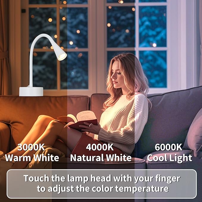 White Headboard Reading Light, No Drilling Wall Mounted Reading Lights for Bedside, Book Light for Bedtime Reading, Buttonless Dimmable Reading Lamp, Movable Gooseneck Reading Sconces for Bedroom