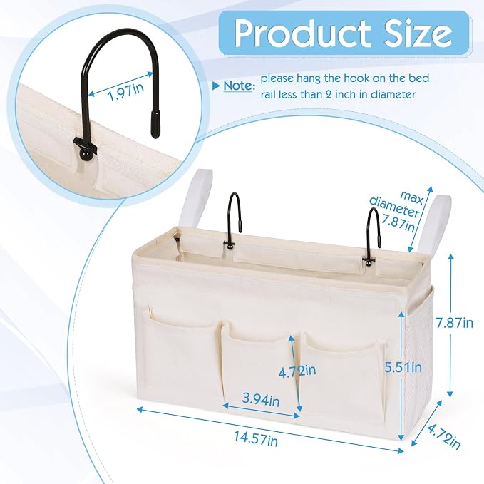 Bedside Caddy Bedside Storage Bag for Headboards/Bunk Bed | Hanging Bed Caddy with Hooks fits Bunk bed Hospital Beds Dorm Bed Rails, Essentials for Phones, Books, Remotes, Water Bottles