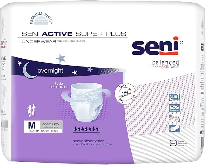 Seni Active Super Plus Unisex Adult Incontinence Underwear, Heavy Absorbency, Pull On Disposable Overnight Underwear for Men & Women (Medium, 9, Count)