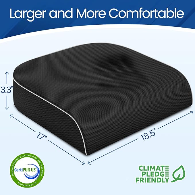 SweetSlubr Seat Cushion for Tailbone Pain Relief, Office Chair Cushion, Memory Foam Large Chair Pad with Non-Slip Cover for Soft Support at Office Chair, Car Seat, Airplane Black/XLarge
