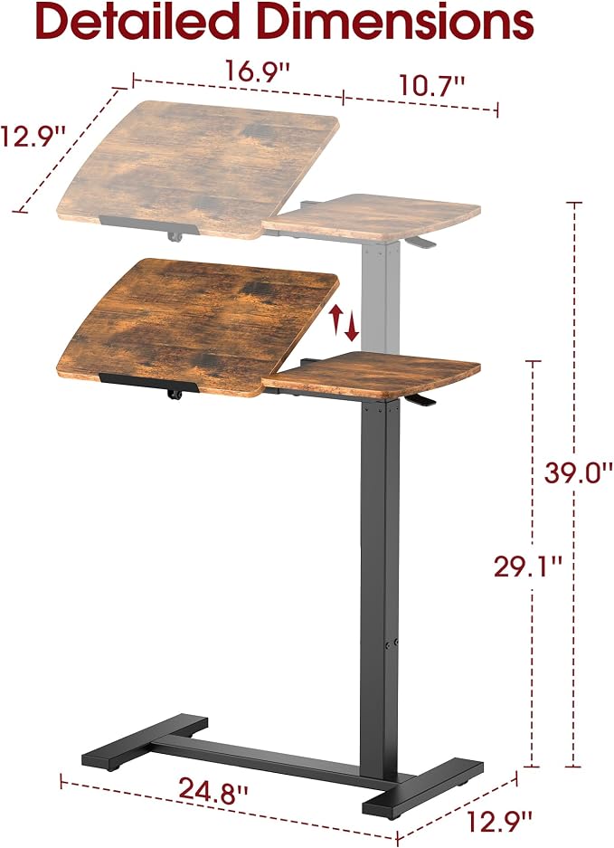Sakugi Overbed Bedside Table with Wheels, Right-Side Tilt Top, Laptop Desk | Home & Office, Hospital Bed Table, Rolling Bed Tray, Height Adjustable, Brown,12.9" D × 27.6" W × 29.1"–39" H
