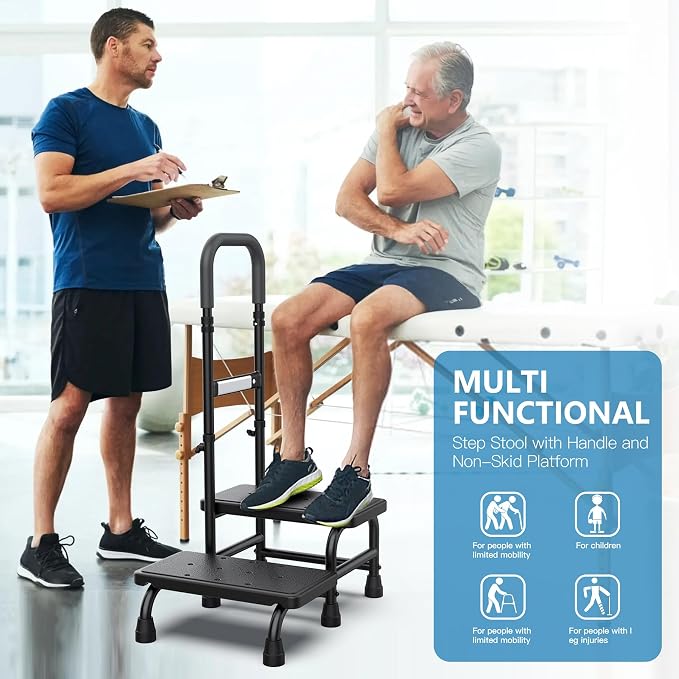 [2026 Upgrade] 2 Step Stool with Handle for Elderly with Sensor Night Light,Medical Heavy Duty Step Stool with Adjustable Handrail, Bedside Steps for People with Mobility Impairments,350lbs