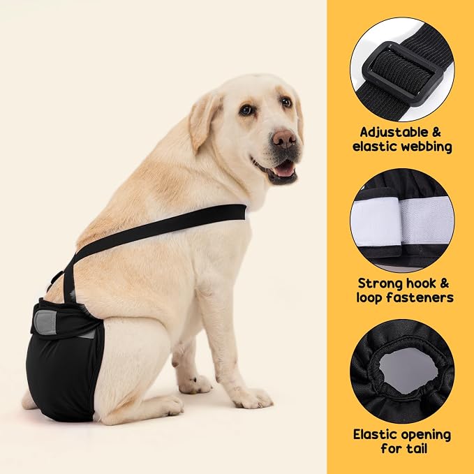 Avont 3 Pack Washable Female Dog Diaper with Suspender - L | Reusable Girl Doggie Diapers for Small Medium Large Dog in Heat Cycle Period Incontinence (All Black)