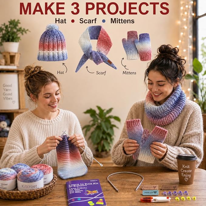 Kitcroet Knitting Kit for Beginners, Complete Learn to Knit Starter Kit with Scarf, Hat & Gloves, Video Tutorials & Written Instructions, 25% Extra Yarn, Knitting Set for Beginners, Amethyst Ombre