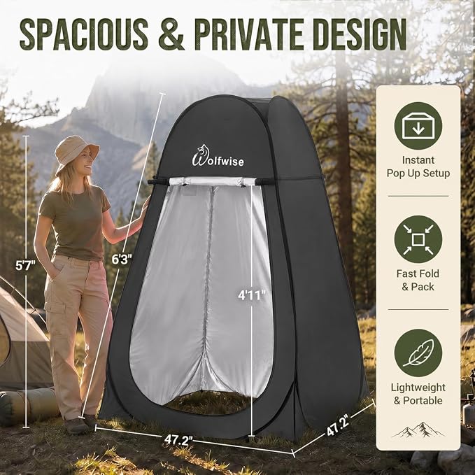WolfWise Pop Up Shower Tent for Camping Essentials, Compact & Lightweight | Portable Instant Changing Tent with Window & Carry Bag, Privacy Dressing Room Bathroom for Outdoor, 6'3"/6'11" H