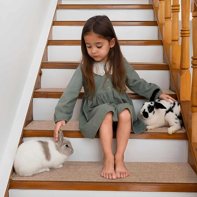 15 PCS Non Slip Stair Treads for Wooden Steps – 8"x30" Indoor Non Slip Stair Treads, Carpet Stair Mats with Self-Adhesive Backing, Removable & Machine Washable – Beige