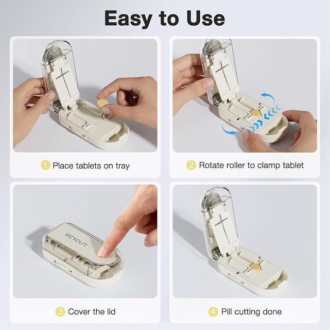Sukuos Pill Cutter 1/4 & 1/2 – Tablet Splitter with Stainless Steel Blade, Precise Cut for Small/Large Pills, Vitamins, Supplements, Medications, Portable & Sleek, Off-White