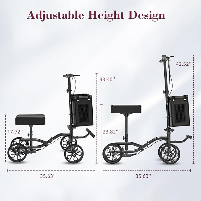 Lightweight Knee Scooter Crutch Alternative, Foldable & Adjustable Knee Scooter for Adults for Foot Surgery, Steerable Knee Walker with Detachable Basket, Includes DIY Stickers-Metallic Black