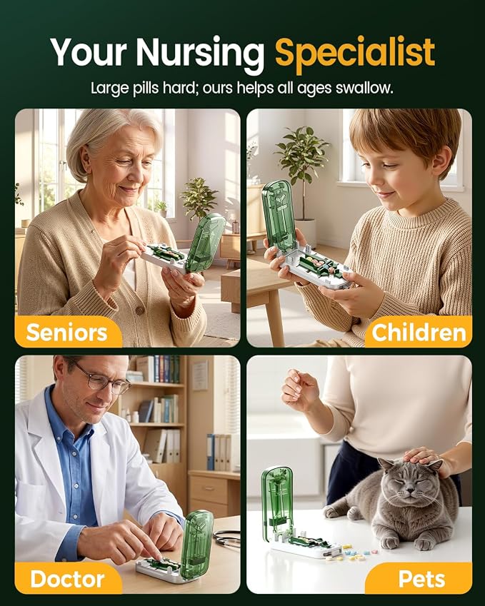 Professional Pill Cutter for Small Pills, 3-in-1 Pill Cutter Splitter for Small or Large Pills-Safely Cuts 1/2, 1/3, and 1/4 Multiple Pills Splitter, Adjustable Pill Cutter (Green White)