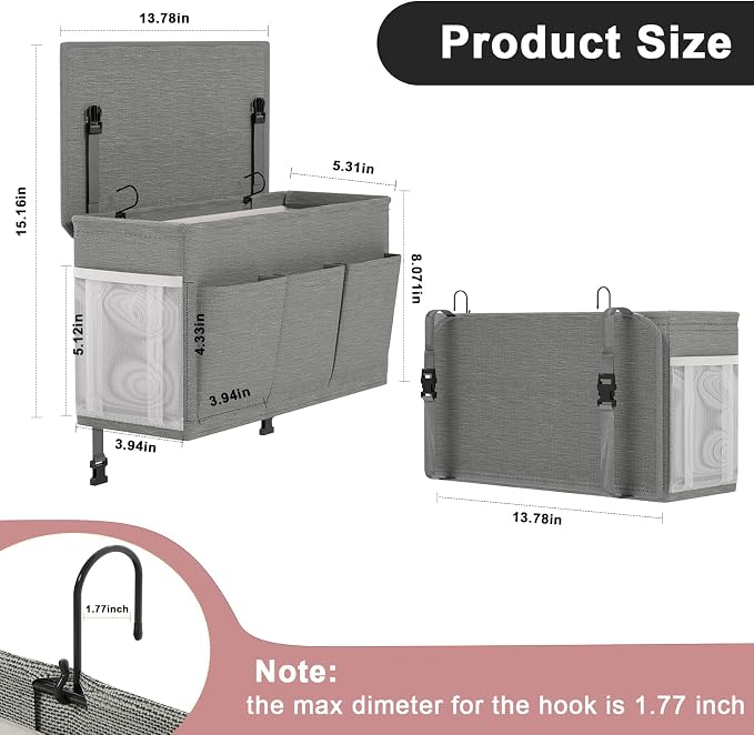 Bedside Caddy Storage Organizer for Bed Rails, Bed Caddy with 6 Pockets | Bedside Organizer with Fixed Straps and Hooks, Mattress Supported Versatile for Home, Dorm, Bunk, Hospital and Crib Bed