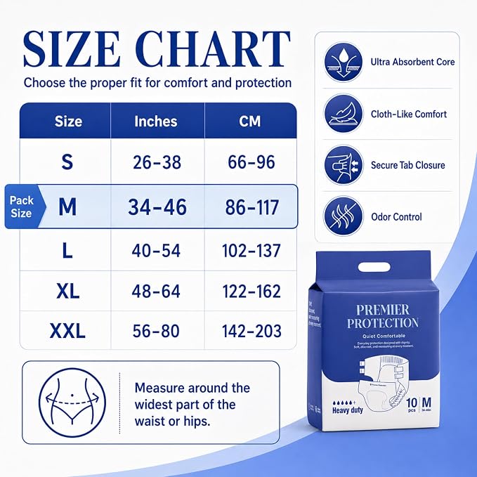 Adult Incontinence Briefs Tab Style, Heavy Absorbency with Wetness Indicator, Refastenable Tabs, Breathable & Soft, Men and Women, Medium & Large, 10 Count