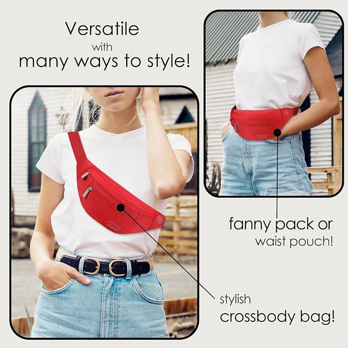Large Red Belt Bag for Women Stylish Fanny Pack Crossbody Sling Bag | Fashion,4-Zipper Pockets,Key Chain,Fanny Pack Passport Bag with Adjustable Strap Gifts for Women