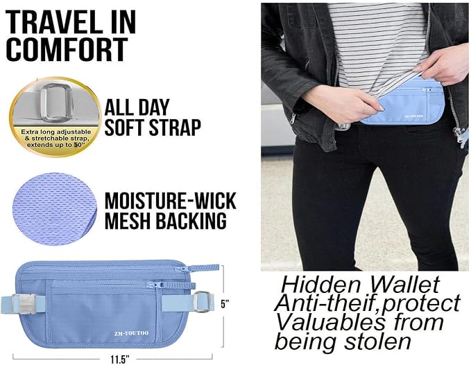 Money Belt for Travel - Hidden Travel Pouch Protect Your Credit and Money With RFID Blocking Passport Holder Waist Wallet (Azure)