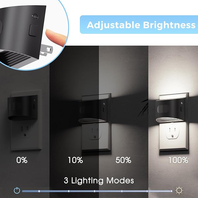 L LOHAS LED Motion Sensor Night Light, Night Lights Plug into Wall, 4 Pack | Nightlight with Dusk to Dawn & Motion Detection Sensor, 30-100Lm Adjustable Brightness, 5000K Daylight, Black Housing