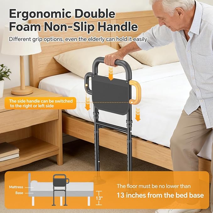 Bed Rails for Elderly Adults Safety – Adjustable Height Bed Assist Rail for Seniors, 400lb Capacity, ASTM Approved, Non-Slip Handle, Fixing Strap & Storage Pocket (Twin/Full/Queen/King)