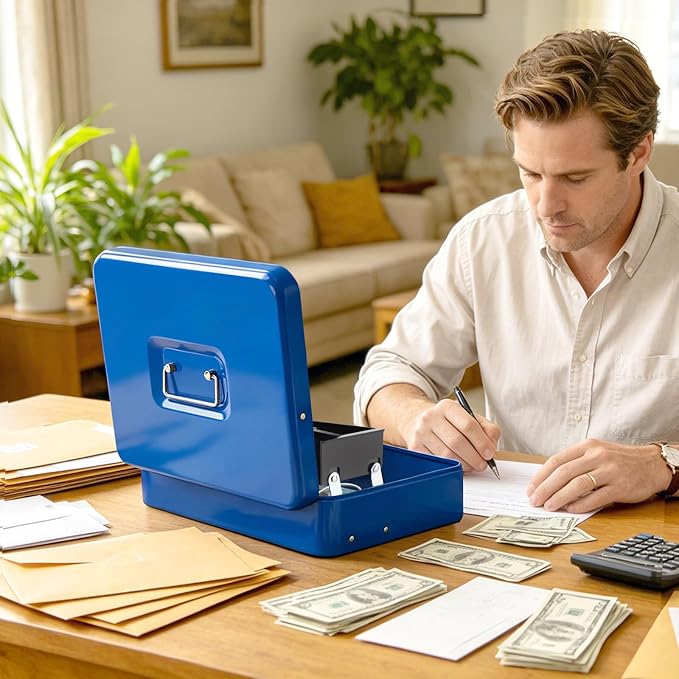 Jssmst Locking Large Metal Cash Box with Money Tray, Lock Money Box with Key, Blue, CB00513XL