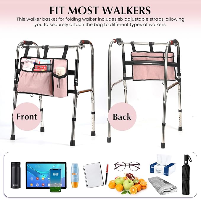 Walker Bags for Folding Walker Accessories Seniors Pouch Cup Holder Carry Organizer Storage Drive with Pockets Velcor Detachable -Pink