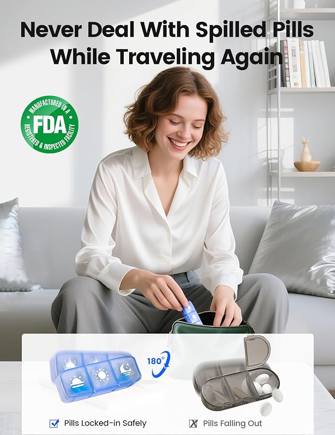 Vaydeer Large Weekly Pill Organizer 3 Times a Day,Metal 7 Day Travel Pill Box with Double Protection,AM PM Pill Case for Medication, Vitamins, Fish Oils, Supplements(Black)