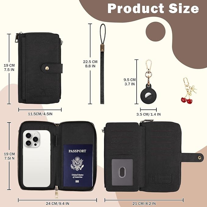 RFID Blocking Passport Wallet, Anti Theft PU Texture Passport Pouch with Tracker Case, Travel Document Organizer Zipper Wallet with Wrist Strap & Keychain, Gifts for Women and Men (Black)