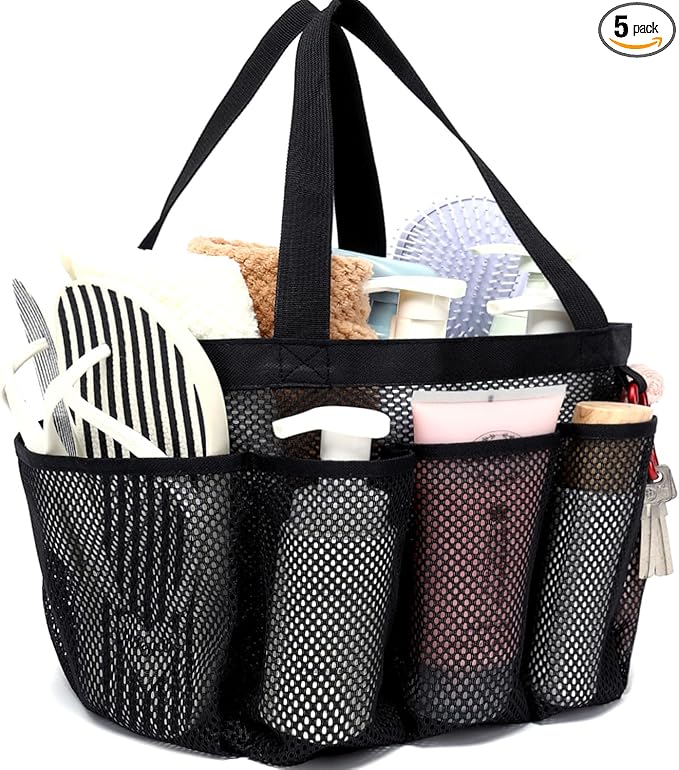 GYEUKHAM Mesh Shower Caddy Portable for College Dorm, Quick Dry Hanging Shower Bag with 8 Pockets, Bathroom Tote Organizer for Gym, Travel, Camping, Black