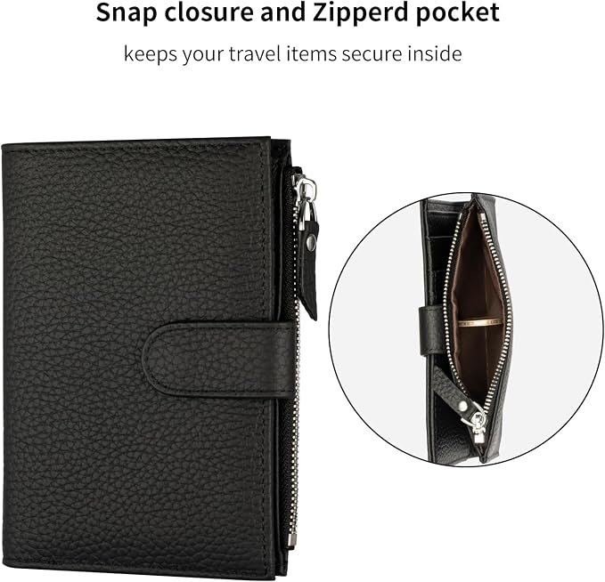 Passport wallet and Card Slot Combo RFID Blocking Leather Travel Passport Wallet for Men and Women with Zippered Coins Pocket Passport holder, Black