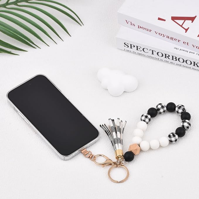 BAOSIWA Silicone Key Ring Bracelet Wristlet Keychain Unique Beaded Bangle Key Chains for Women with Leather Tassel