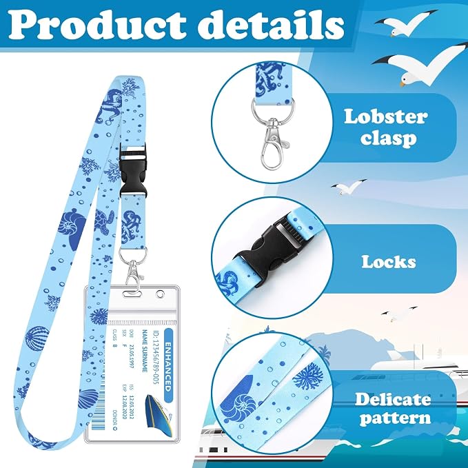 HONSIO 6 Pack Cruise Lanyard for Ship Cards, Cruise Essentials 2026, Ocean | Detachable Lanyards with Waterproof ID Badge Holders, Cruise Must Have for Carnival, Royal Caribbean, NCL