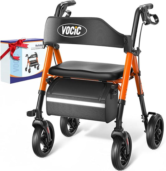 VOCIC Walkers for Seniors, Z21 Rollator Walker with Seat Supports 350lb, 8" Big Wheels for All Terrain, Ergonomic Arc Seat & 6" Ultra Backrest Foldable Walker, Dual Height Adjustment, Lightweight 2025