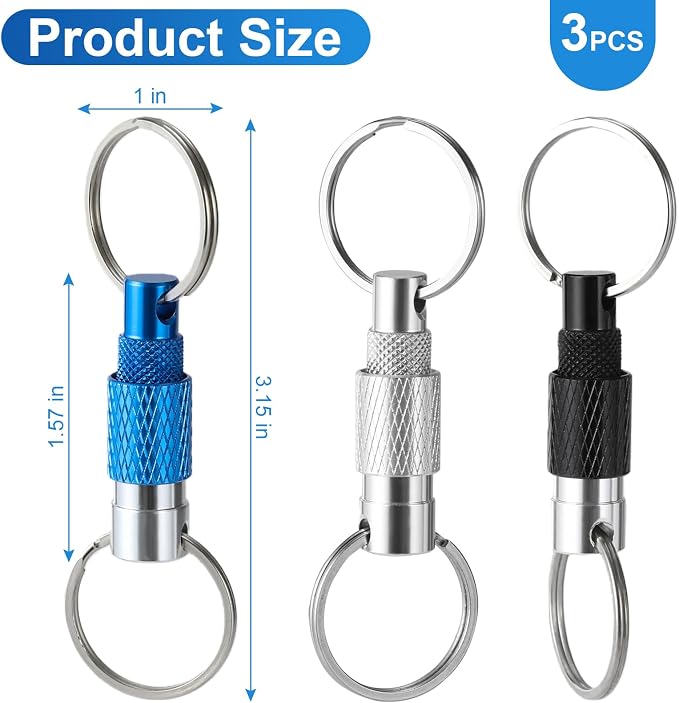 Quick Release Keychain, 3-Pack, Detachable, Split Rings | Minimalist Pull-Apart Key Ring for Car Keys, Purse & Bag (3 Colors)