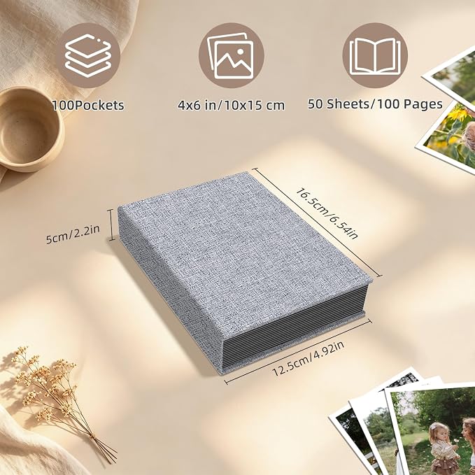 Popotop Photo Album 4x6 100 Pockets for Wedding Gifts,Linen Hardcover Picture Albums for Family Anniversary Baby Vacation Pictures