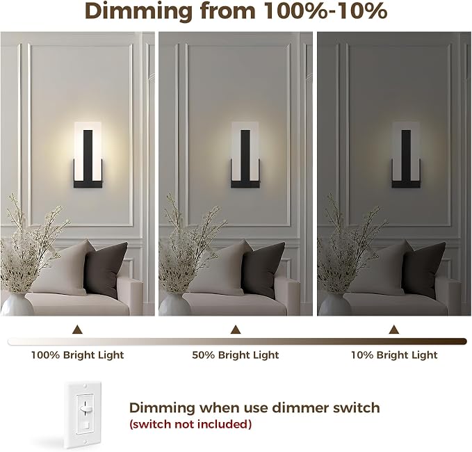 Joosenhouse Modern Black Wall Sconces Set of 2, ETL Certified, 5 CCT Selectable and 10%-100% Dimmable Indoor Hardwired Wall Lighting for Bedroom, Bathroom, Hallway, Living Room