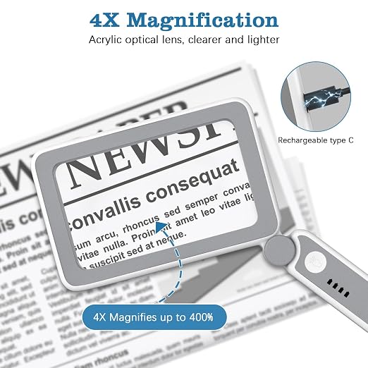 MoKo Magnifying Glass with Light, 4X Full-Page Folding Magnifier | Rechargeable magnifying glass for reading has 10 LEDs, 3 light levels and a 4.3 x 2.5 inch acrylic lens; grey.