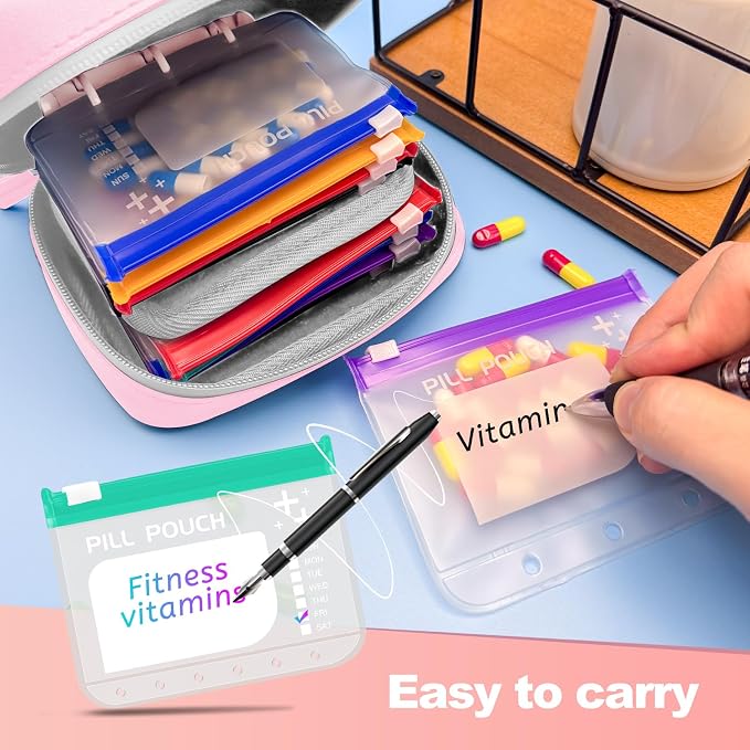 A8 Waterproof Pill Organizer Set, Twice-Daily Large Pill Organizer for Seven Days, Pill Storage with 14 Color-Coded Pouches, Reusable Travel Medicine Organizer