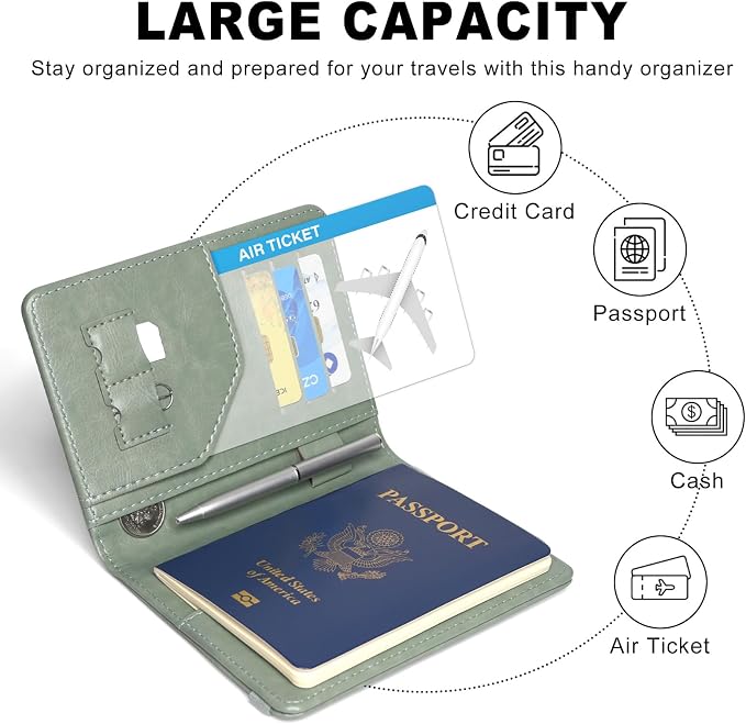ACdream RFID BLOCKING Passport Holder Travel Wallet, Premium PU Leather Cover Passport Book with Card Holder, Pen Holder, Keep Organization, and Travel Essentials for Women/Men, Agave Green