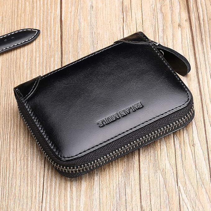 Wallets For Men Genuine Leather Short RFID Blocking Zip-around Bifold Wallet（Black）