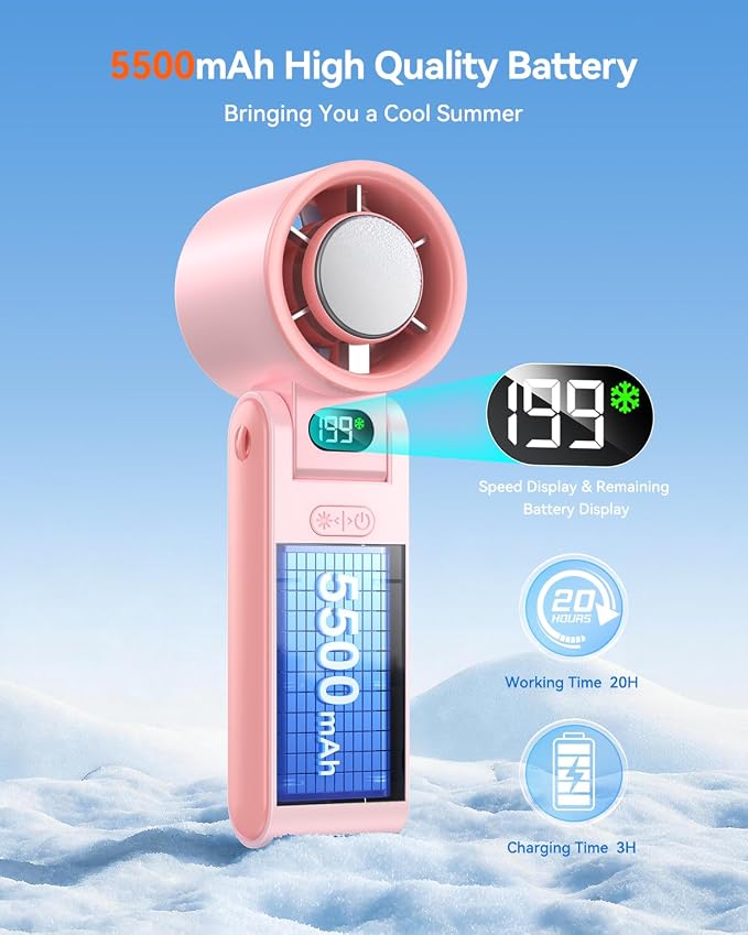 Portable Handheld Fan with Ice Cooler, 199 Speed Personal Fan,5500mAh Rechargeable,20H Cooling Time,20000 RPM Powerful Motor, Summer Essential for Travel/Outdoor/Office, Pink