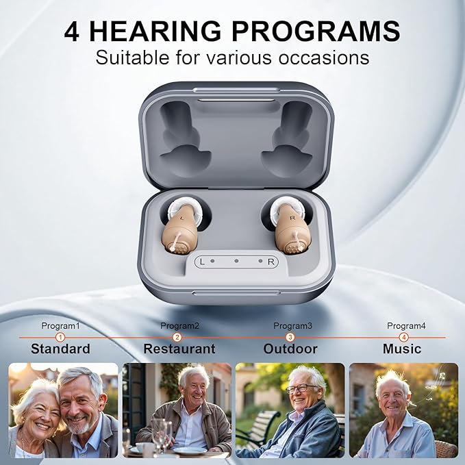 KMB Hearing Aids for Seniors with Noise Cancelling, Rechargeable Hearing Aids with 4-Modes Sound Processing 6 Volume Levels and 80H Charging Case for Women Men Hearing Loss