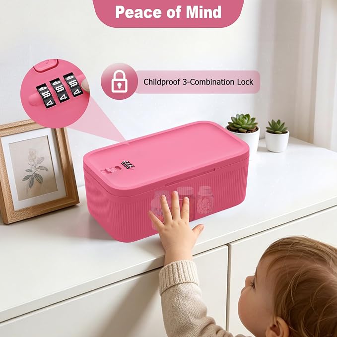 Medicine Lock Box with Code, Lockable Storage Box for Phone Medicine Safe Pill Fridge, Storage Bin for Home Office Gift, Includes Mesh Zipper Pouch, Pink
